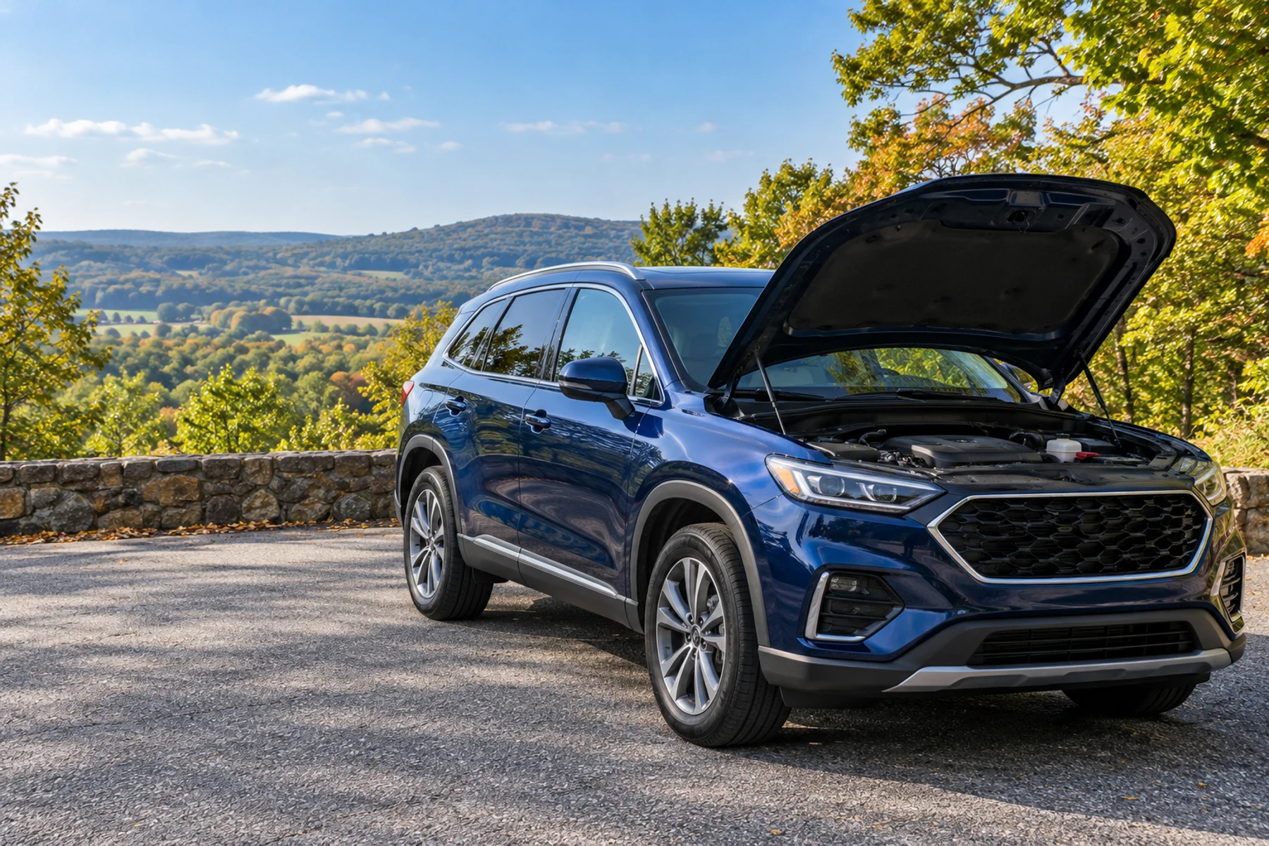 A blue passenger vehicle with its hood raised in a scenic roadside pull-off